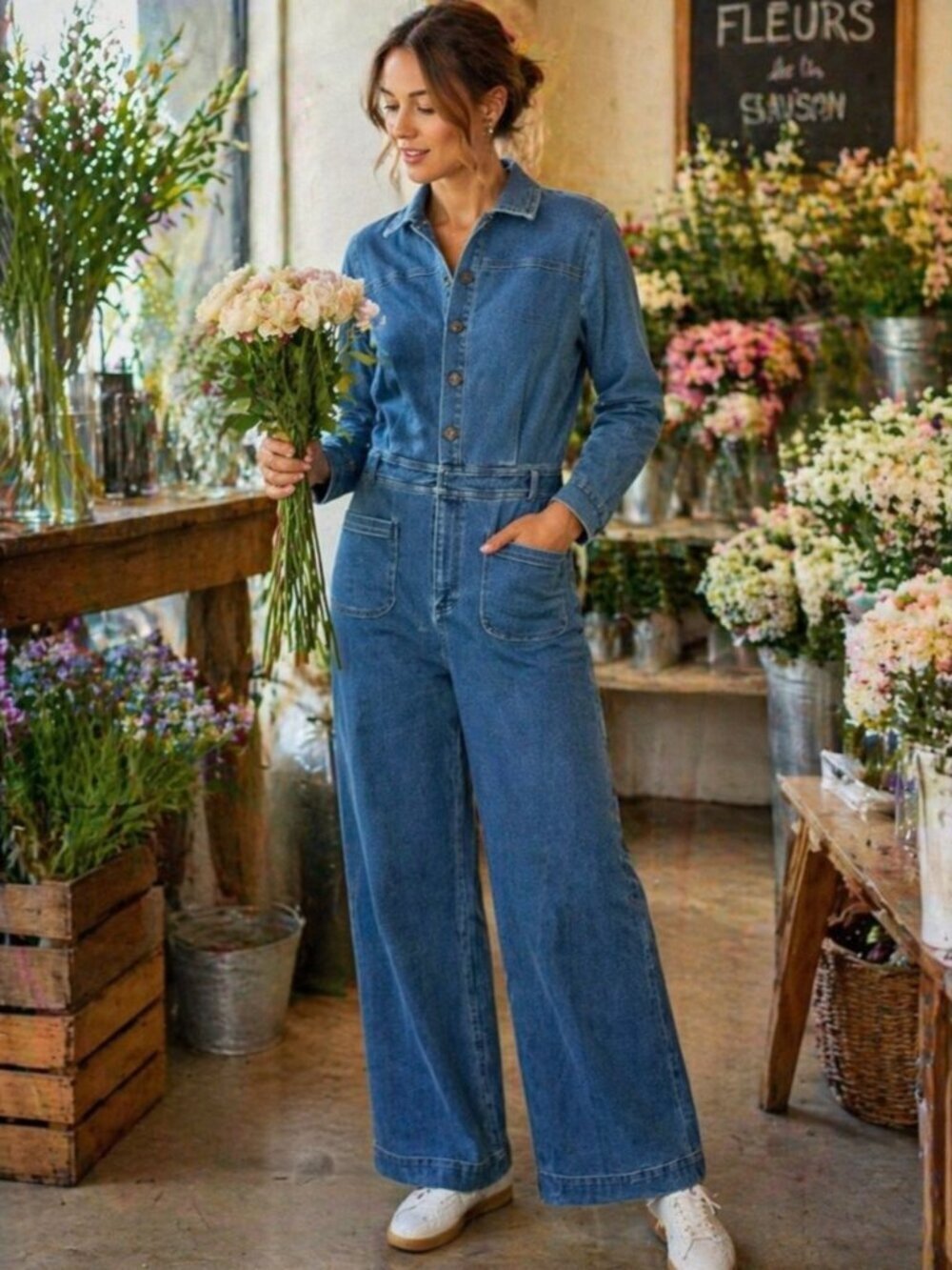 ICHI Denim Jumpsuit Blue Size 36 Wide Leg Button Front Utility Chic Casual